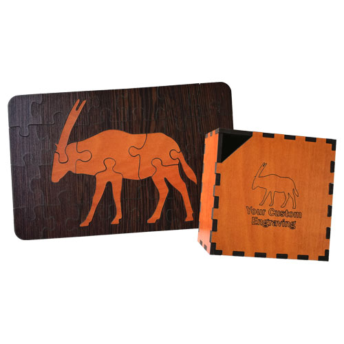 Wooden gemsbok jigsaw puzzle with custom engraved box.