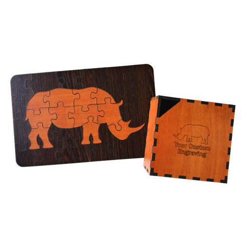 Wooden rhino jigsaw puzzle with matching engraved box.