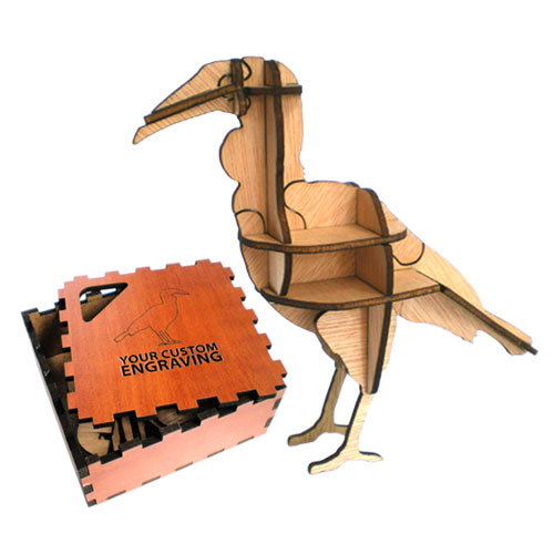 3D puzzle of a hornbill made of laser-cut wood with engraved base.