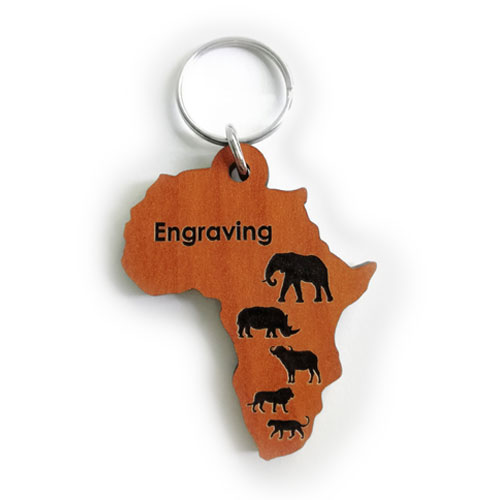 Africa-shaped personalised keyring featuring Big 5 animal silhouettes – unique custom keyring made from wood
