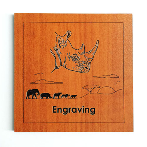Rhino wooden coaster with engraved African savanna scene – handcrafted Big 5 safari gift