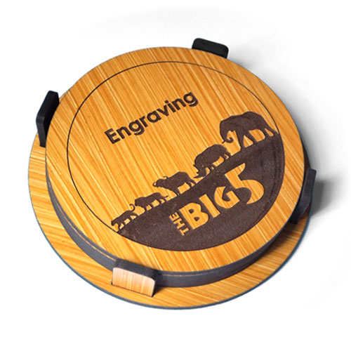 Round engraved coaster set with Big 5 silhouette – custom wooden safari gift with durable holder