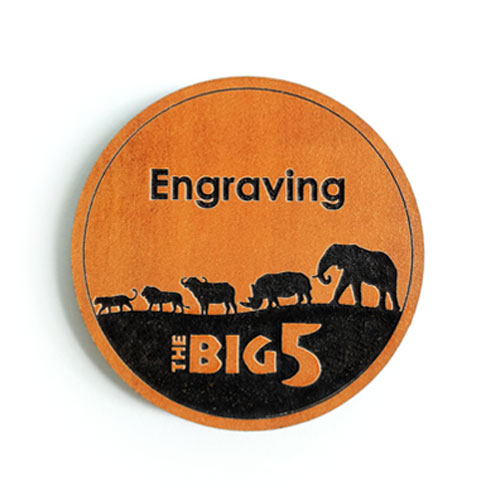 Round custom fridge magnet with Big 5 silhouettes and scenic backdrop – engraved wildlife kitchen accessory
