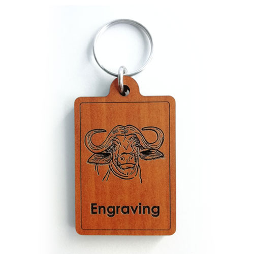 Custom wooden keyring with bold buffalo engraving – part of a personalised keyrings collection for wildlife fans