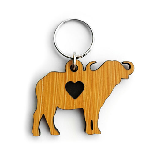 Personalised keyring shaped like a buffalo with heart detail – handcrafted wooden custom keyring for gifting