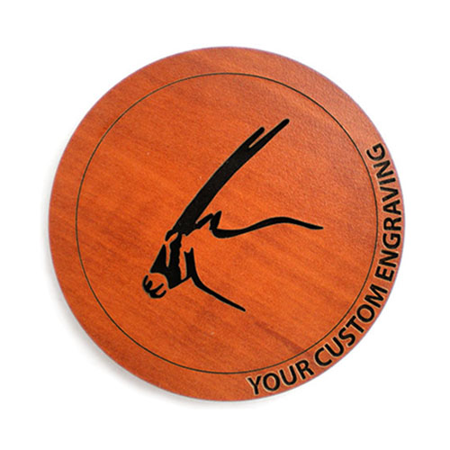 Round wooden coaster with sleek gemsbok silhouette – engraved minimalist safari drinkware