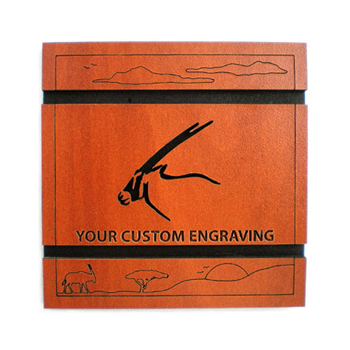 Square wooden coaster featuring gemsbok and savanna scene – engraved décor with African flair