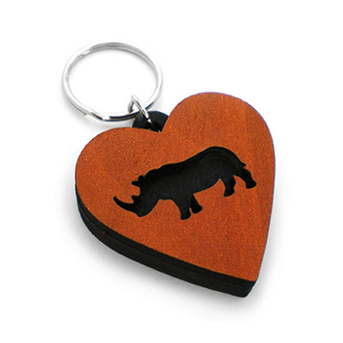 Heart-shaped wooden personalised keyring with rhino silhouette – handcrafted custom keyring for animal lovers