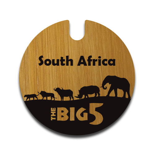 Safari-themed wooden license disc holder with Big 5 animal silhouettes and 'South Africa' engraving – from Wildcrafts