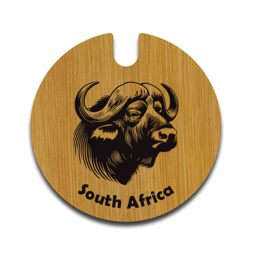 Buffalo-themed wooden license disc holder with bold engraving and 'South Africa' text – crafted by Wildcrafts