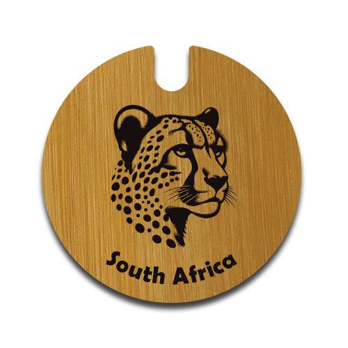 Custom wooden license disc holder engraved with a cheetah face and 'South Africa' – handcrafted by Wildcrafts