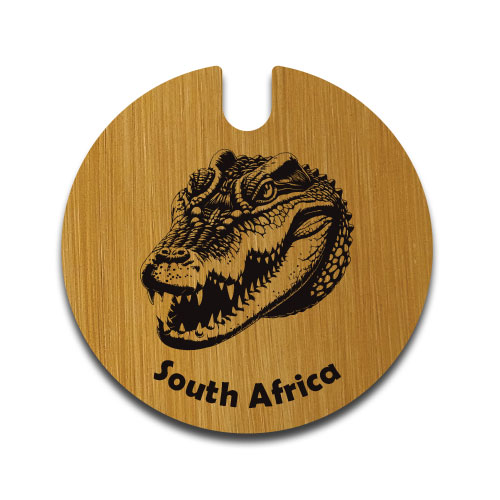 Wooden license disc holder with fierce crocodile engraving and 'South Africa' text – handcrafted by Wildcrafts