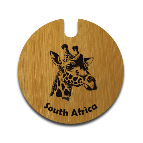 Wooden license disc holder engraved with a giraffe design and 'South Africa' – safari-themed vehicle accessory by Wildcrafts