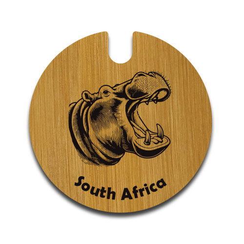 Custom wooden license disc holder featuring an open-mouth hippo engraving and 'South Africa' – made by Wildcrafts
