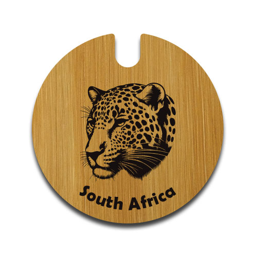 Wooden license disc holder featuring a leopard face engraving and 'South Africa' text – African wildlife gift by Wildcrafts