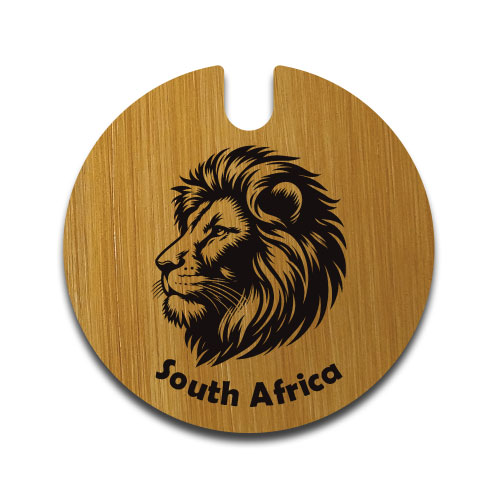 Engraved wooden license disc holder featuring a lion illustration and 'South Africa' – wildlife-themed by Wildcrafts