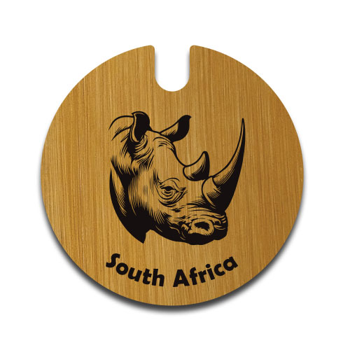 Handcrafted wooden license disc holder with a black rhino engraving and 'South Africa' – custom wildlife accessory by Wildcrafts