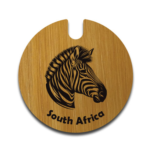 Wooden license disc holder engraved with a detailed zebra illustration and 'South Africa' – handmade by Wildcrafts