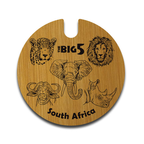 Wooden license disc holder with detailed Big 5 animal portraits and South Africa text – wildlife gift by Wildcrafts