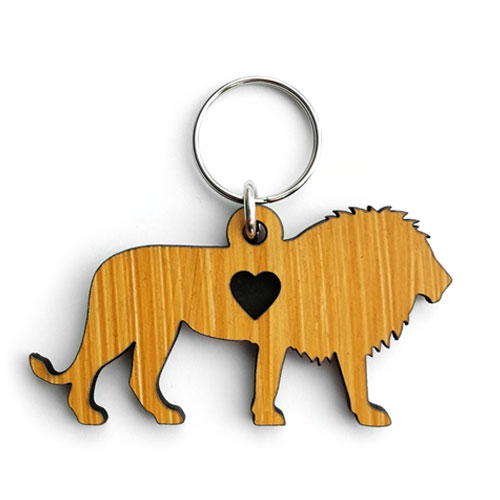 Wooden lion-shaped custom keyring with heart engraving – bold and personalised wildlife keyring design