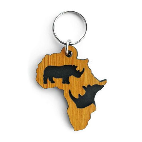 Africa-shaped custom keyring with rhino engraving – a personalised wooden accessory with safari style