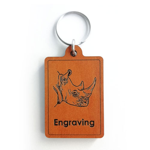 Wooden rhino keyring with side profile engraving – sturdy custom keyring ideal for personalised gifting