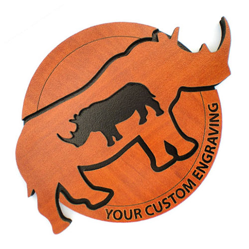 Wooden round coaster with engraved rhino and calf silhouette – custom safari-themed drinkware