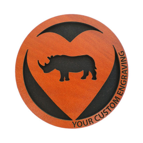 Heart-shaped engraved rhino wooden coaster – wildlife gift blending love and nature