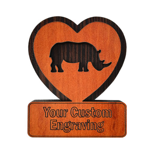 Heart-shaped personalised fridge magnet with rhino engraving – custom wooden gift for wildlife lovers