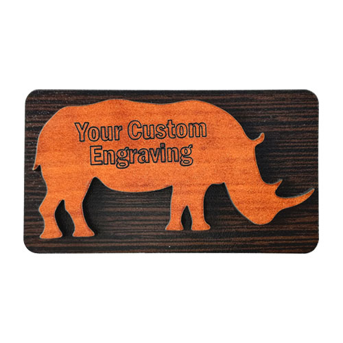 Wooden personalised fridge magnet with engraved rhino silhouette – custom rustic animal decor