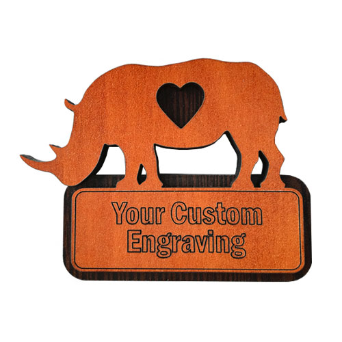 Custom fridge magnet with rhino and heart engraving – personalised animal-themed wooden decor