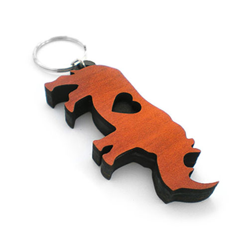 Wooden rhino-shaped keyring with heart cutout – handcrafted wildlife curio gift