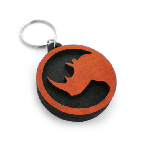 Round custom keyring with rhino silhouette – minimalist personalised keyring crafted from natural wood