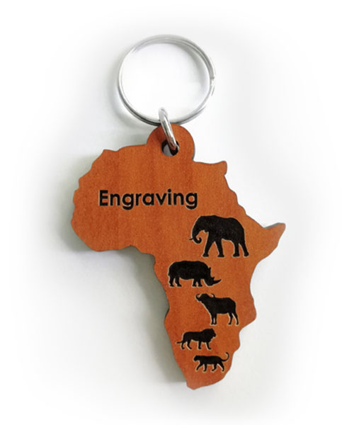 Africa-shaped custom keyring with Big 5 animal silhouettes – personalised wooden souvenir or gift